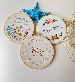 Custom Embroidered Wood Hoop, Name Banner, Hand Embroidered Hoop Art, Name Hoop Art, Anniversary Decor,Ring Holder,Wedding Decor,Baby Shower