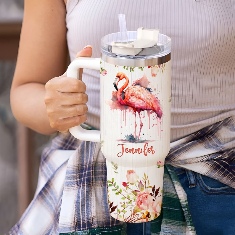 Personalized Flamingo Tumbler: 40oz Stainless Steel Travel Mug