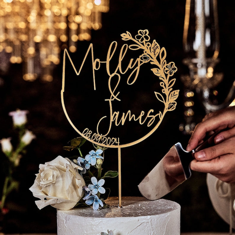 BOHO Wedding cake topper, Gold Cake topper for Wedding, Personalized cake topper, Rustic wedding cake topper, Custom Mr Mrs cake topper.