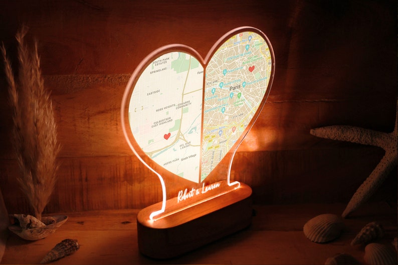 Custom Two Location Heart Night Light - Personalized Map Print - Nightlight for Long Distance Love - Engaged Couples - Anniversary Gifts