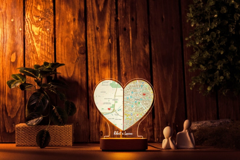 Custom Two Location Heart Night Light - Personalized Map Print - Nightlight for Long Distance Love - Engaged Couples - Anniversary Gifts