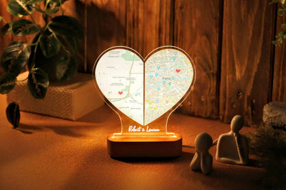 Custom Two Location Heart Night Light - Personalized Map Print - Nightlight for Long Distance Love - Engaged Couples - Anniversary Gifts