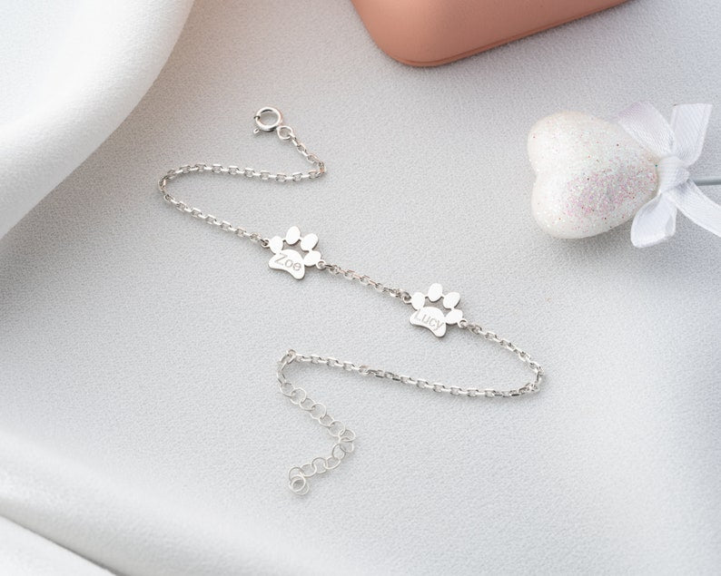 Sterling Silver Paw Print Bracelet Personalized Dog Paw Bracelet Gold Tiny Paw Bracelet Paw Name Bracelet Custom Pet Bracelet Dog Lover Gift