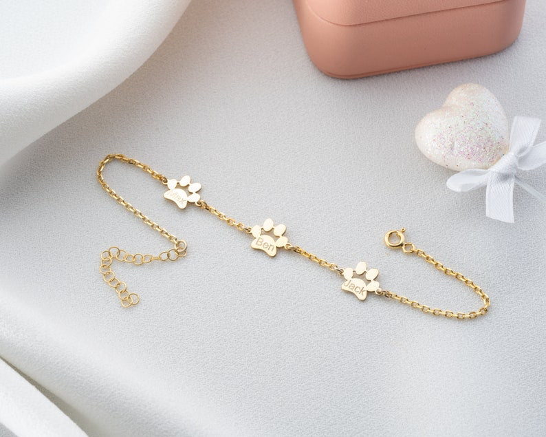Sterling Silver Paw Print Bracelet Personalized Dog Paw Bracelet Gold Tiny Paw Bracelet Paw Name Bracelet Custom Pet Bracelet Dog Lover Gift