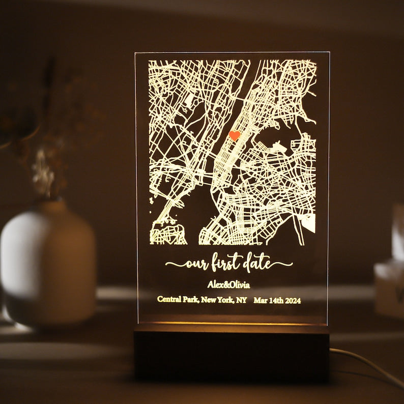 Personalized Our First Date Map Night Light, Custom Map Print Acrylic Plaque, Where It All Began Map LED Night Lamp, Unique Anniversary Gift
