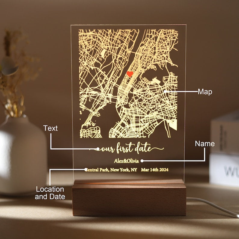 Personalized Our First Date Map Night Light, Custom Map Print Acrylic Plaque, Where It All Began Map LED Night Lamp, Unique Anniversary Gift