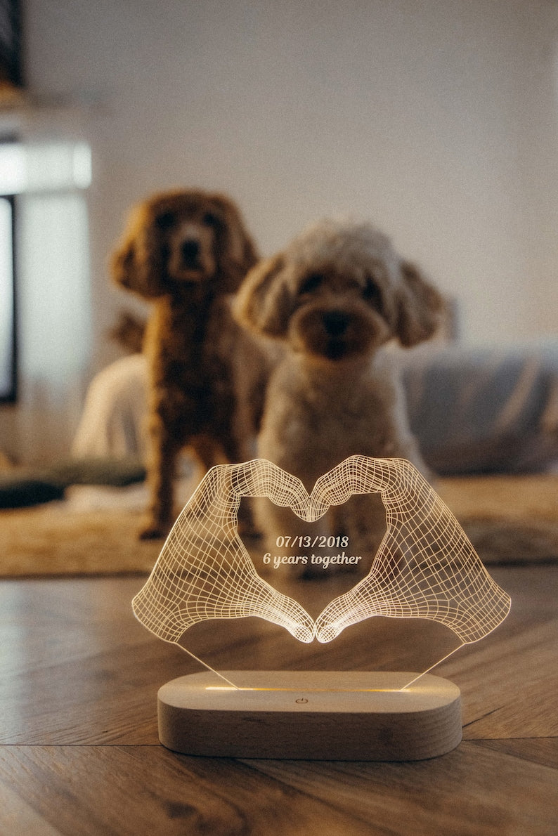 Personalized Heart Hands Night Light - Valentine's Day Gift for Couple - Custom Anniversary Gift for Him or Her - Heart Hands Lamp with Date