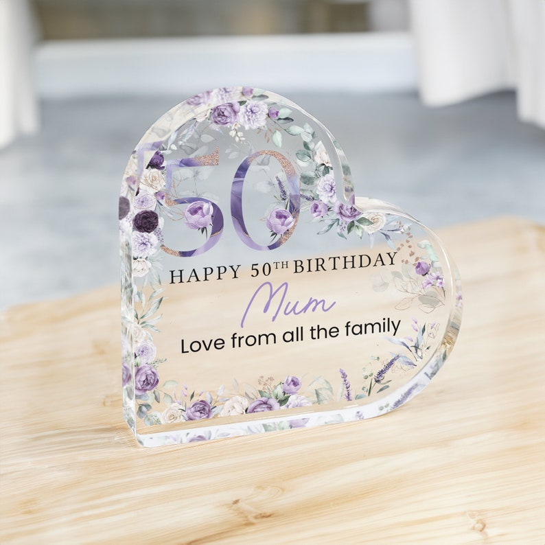 Personalised Happy 50th Birthday Gift Plaque, Floral Birthday Gift For Her, 50th Birthday Gifts, Purple 50th Gift, Gifts for Mum
