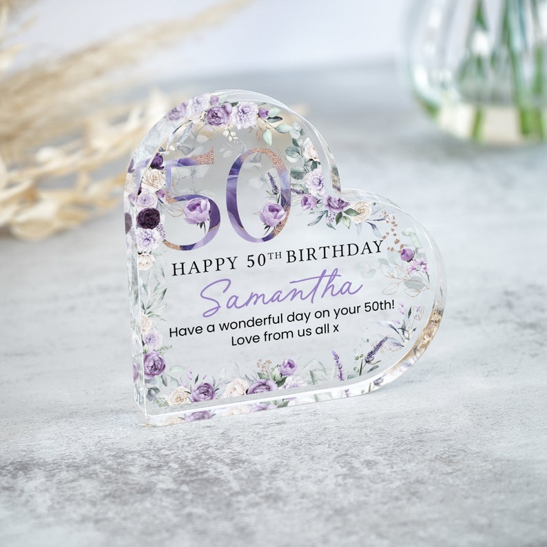 Personalised Happy 50th Birthday Gift Plaque, Floral Birthday Gift For Her, 50th Birthday Gifts, Purple 50th Gift, Gifts for Mum