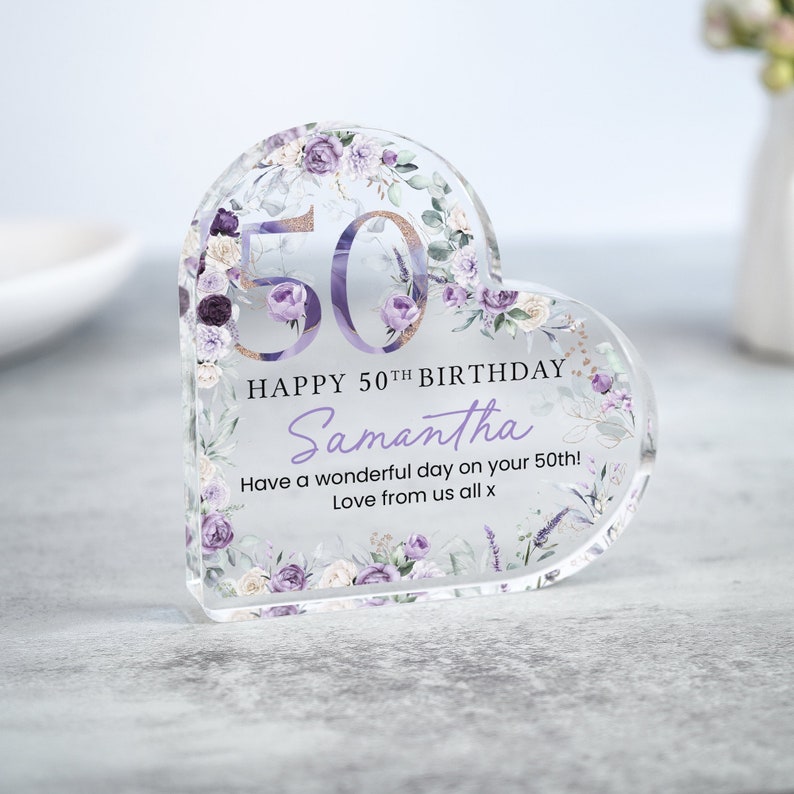Personalised Happy 50th Birthday Gift Plaque, Floral Birthday Gift For Her, 50th Birthday Gifts, Purple 50th Gift, Gifts for Mum