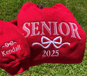 Embroidered Senior Sweatshirt, Coquette Bow, Customized Grad Gift, Crewneck Sweatshirt Graduation, Class of 2025, Personalized Senior Gift