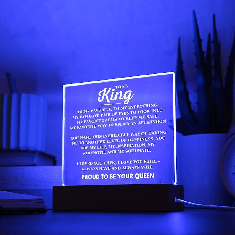 To My King Desk Plaque from Your Proud Queen, Boyfriend Birthday Acrylic Square Plaque, Husband Favorite Person LED Light Up Acrylic Plaque