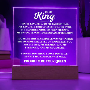 To My King Desk Plaque from Your Proud Queen, Boyfriend Birthday Acrylic Square Plaque, Husband Favorite Person LED Light Up Acrylic Plaque