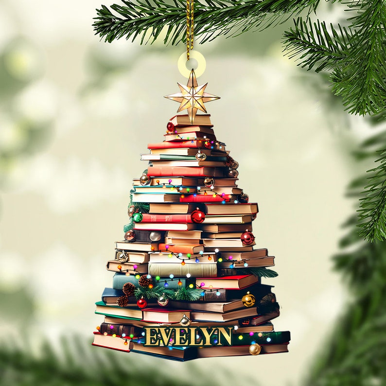 Personalized Christmas Book Tree Name Ornament, Custom Bookish Ornament, Book Lover Gift, Bookworm Gifts, Book Club Ornament, Librarian Gift il_794xN.6041970001_qob2.jpg