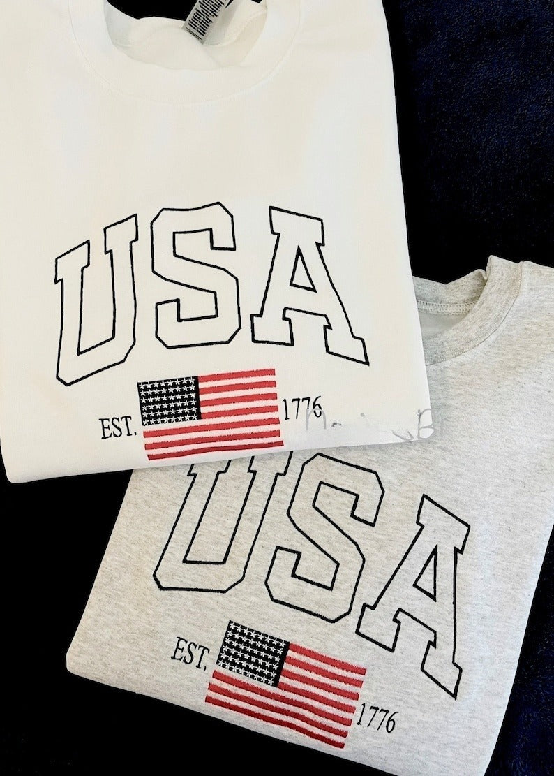 USA Flag embroidered sweatshirt, patriotic embroidered sweatshirt, American flag , gift for her