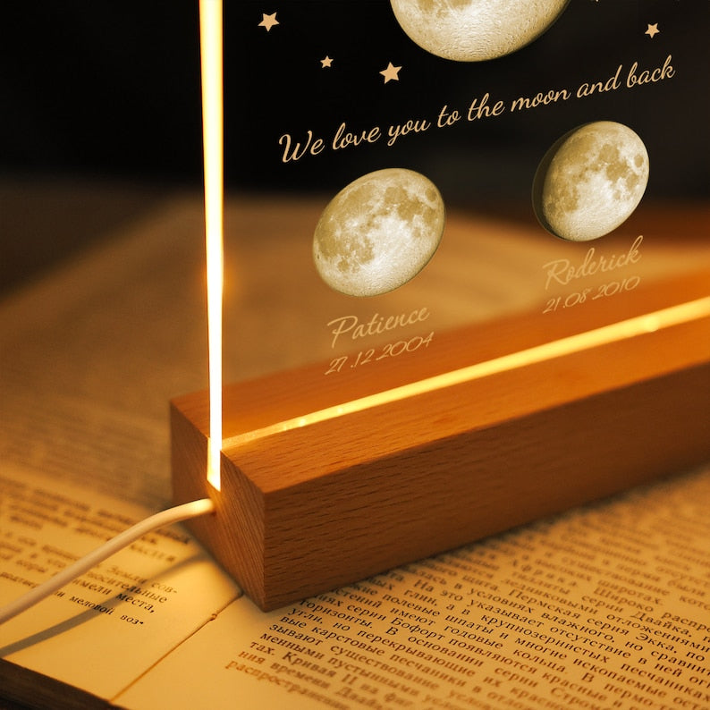 Personalized Moon Phase Night Light, First Mother Gift for Mum Mama, Custom Moon Acrylic Plaque, Moon LED Dector Lamp, The Night We Met Gift