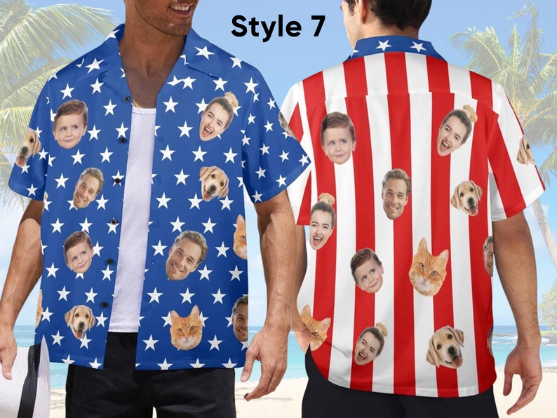 Custom American Flag Hawaiian Shirt with Faces,Personalized Picture Summer Shirt,Custom 4th of July shirt,Kid Photo Hawaiian Shirt for Dad