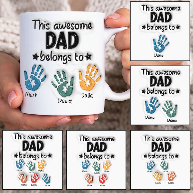 Best Dad 3D Inflated Mug Wrap, Custom Dad Handprint Up to 6 Kids 11oz Mug Dad 11oz 15oz Mug, Fathers Day Coffee Mugs , Dad Mug Personalized Father's Day Gift