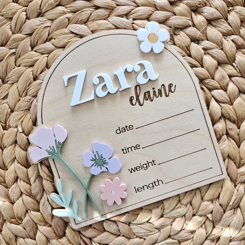 Wildflower Baby Name Sign | Newborn Birth Announcement Name Plaque | Arch Baby Arrival Hospital Sign | Newborn Footprint Plaque