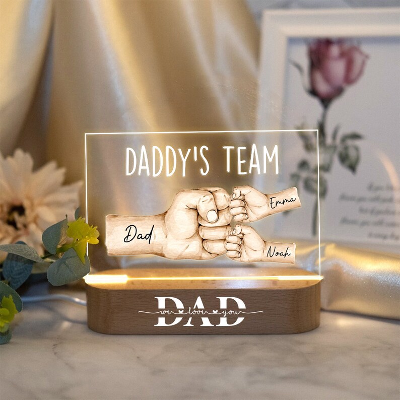 Daddy's Team Fist Bump Personalized Acrylic 3D Night Light, Father's Day Gift For Dad Grandpa, Fist Bump Family Hands, Dad Birthday Gift
