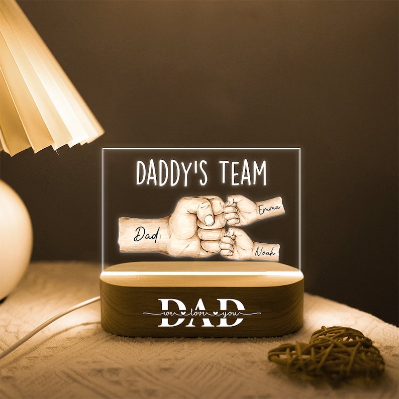 Daddy's Team Fist Bump Personalized Acrylic 3D Night Light, Father's Day Gift For Dad Grandpa, Fist Bump Family Hands, Dad Birthday Gift