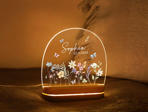 Custom Floral Butterfly Name Night Light, Birthday Gift for Her, Bedroom Bedside Light, Personalized Flower Garden Night Lamp, Nursery Decor