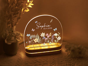 Custom Floral Butterfly Name Night Light, Birthday Gift for Her, Bedroom Bedside Light, Personalized Flower Garden Night Lamp, Nursery Decor