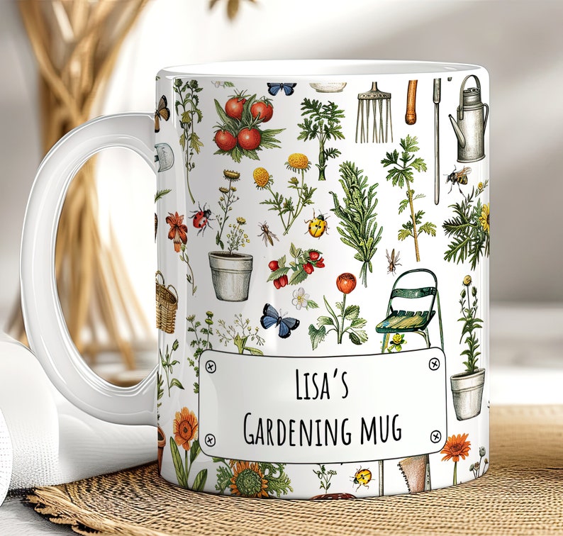 Personalised Gardening Mug gift for gardener or florist best granny or granddad personal gift birthday coffee cup vintage style plant design