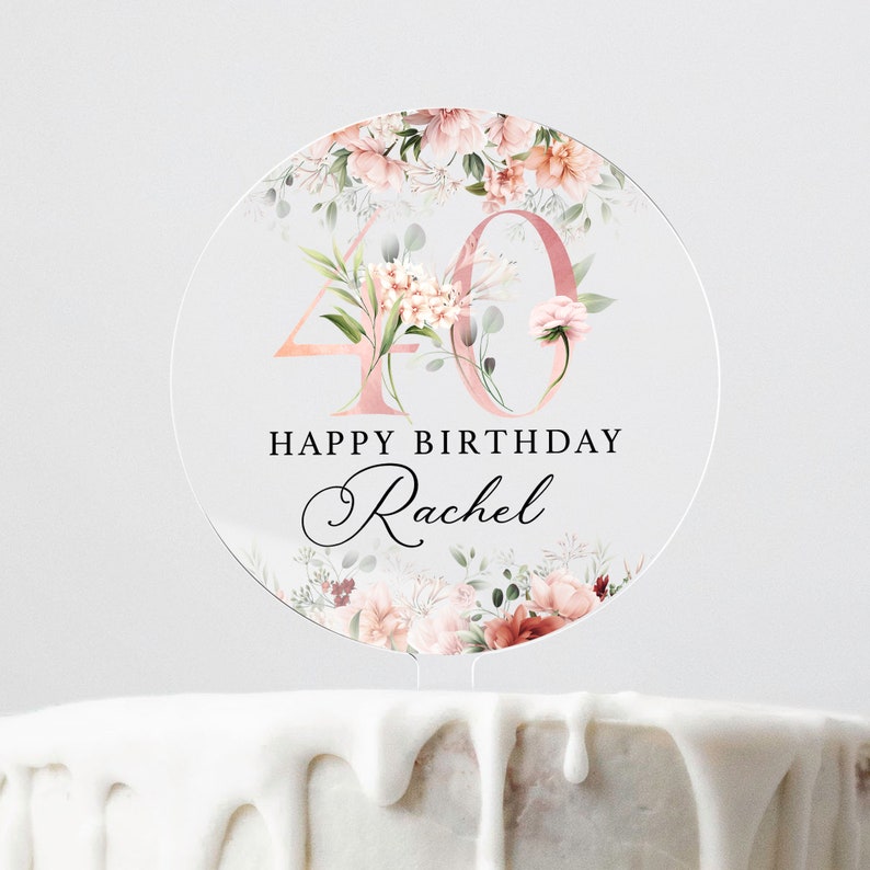 Personalised Happy Birthday Cake Topper, Pink Floral Cake Topper, 18th 21st 30th 40th 50th Birthday, Clear Cake Topper, Birthday Name