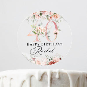 Personalised Happy Birthday Cake Topper, Pink Floral Cake Topper, 18th 21st 30th 40th 50th Birthday, Clear Cake Topper, Birthday Name