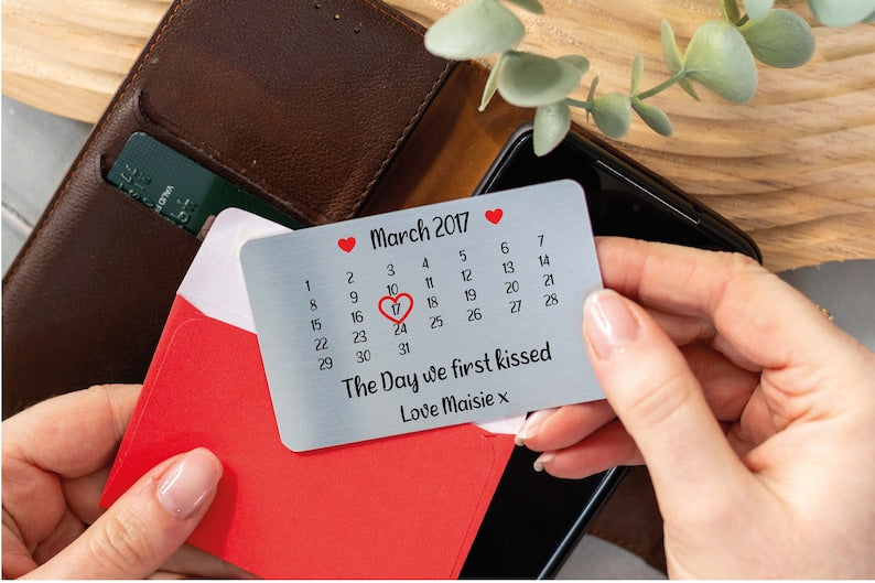 Personalised Our First Kiss Brushed Metal Wallet Card - Custom Romantic Keepsake