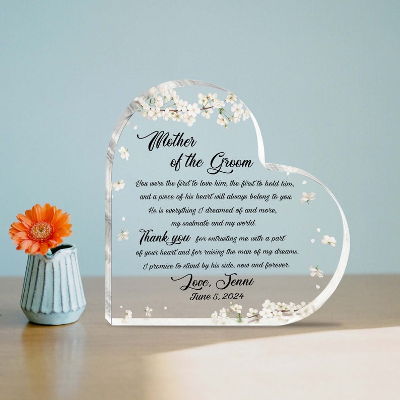 Personalized Mother of the Groom Gift, Mother In Law Heart Plaque ,Gift from Bride, Wedding Keepsake Gifts for Mother of the Groom