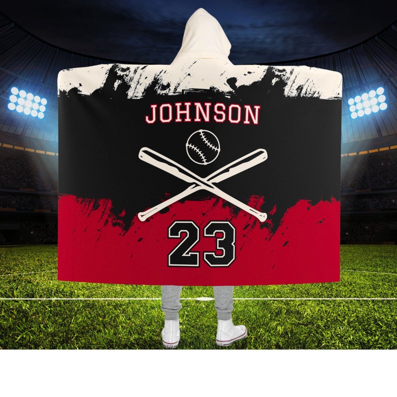 Personalized Hooded Baseball Blanket with Name and Number, Boys Team Player Blanket with Hood, Custom Sports Team High School Grad Gift