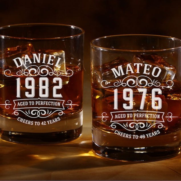 Personalized Birthday Gift for Men, 30th 40th 50th 60th Birthday Gift for Him, Custom Year Whiskey Glass, Any Name Rock Glass