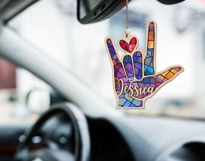 Personalized Sign Language Ornament,ASL Suncatcher, Hand Sign Language Ornament,ASL I Love You Suncatcher Ornament,ASL Personalized Ornament
