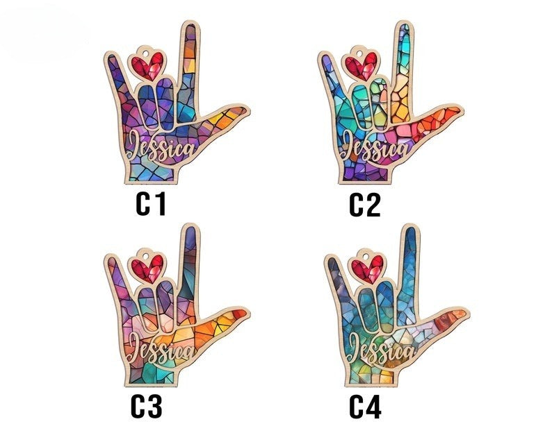 Personalized Sign Language Ornament,ASL Suncatcher, Hand Sign Language Ornament,ASL I Love You Suncatcher Ornament,ASL Personalized Ornament
