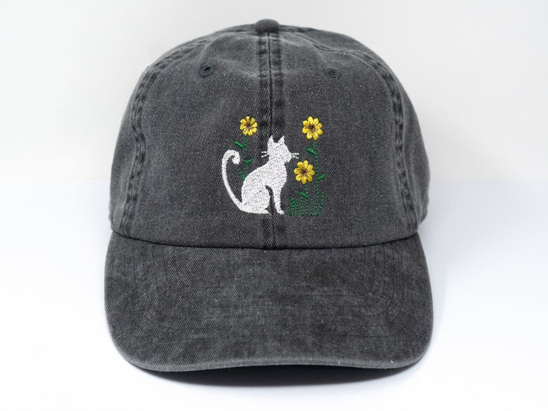 Cat and Flower Embroidered Kitten Baseball Cap, Washed Cotton Curve Brim Summer Hat il_794xN.6057240577_pznj.jpg