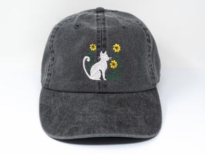 Cat and Flower Embroidered Kitten Baseball Cap, Washed Cotton Curve Brim Summer Hat il_794xN.6057240577_pznj.jpg