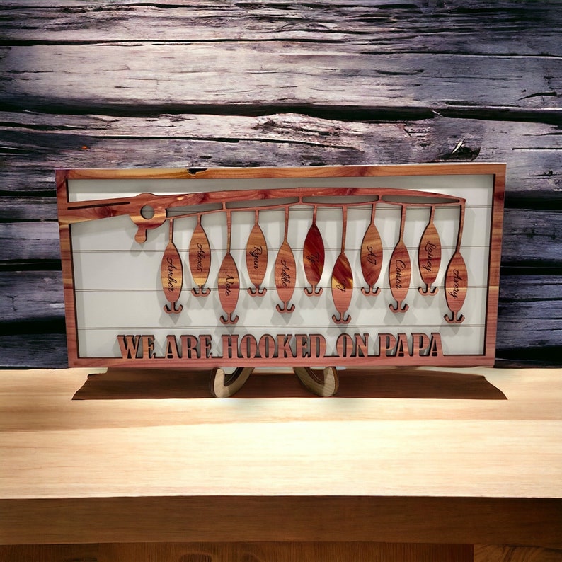 Hooked on Dad/Grandpa/papa engraved sign, gifts for papa, fishing sign, Personalized fishing christmas gifts for him. Father's Day Gift Birthday Gift Retirement gift.
