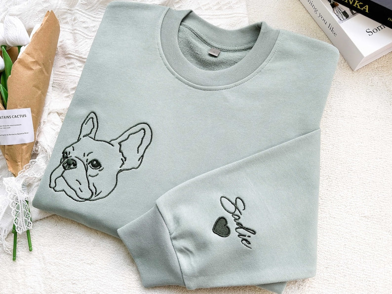 Custom Embroidered Pet Sweatshirts with Pet Photo and Name,Custom Embroidered Dog Hoodie,Embroidered Pet Portrait,Gift for Dog Dad/Mom