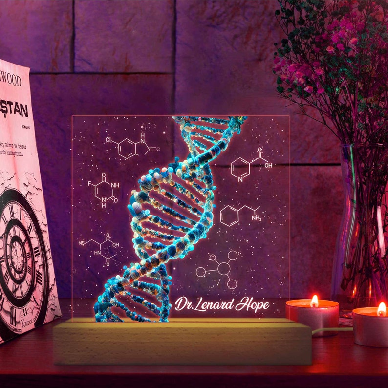 Personalized DNA Science 3D Lamp Wooden Base, Biology Science, Nurse Doctor Physician, Microbiology, Biomedical, Pre-med, Chemistry Gift