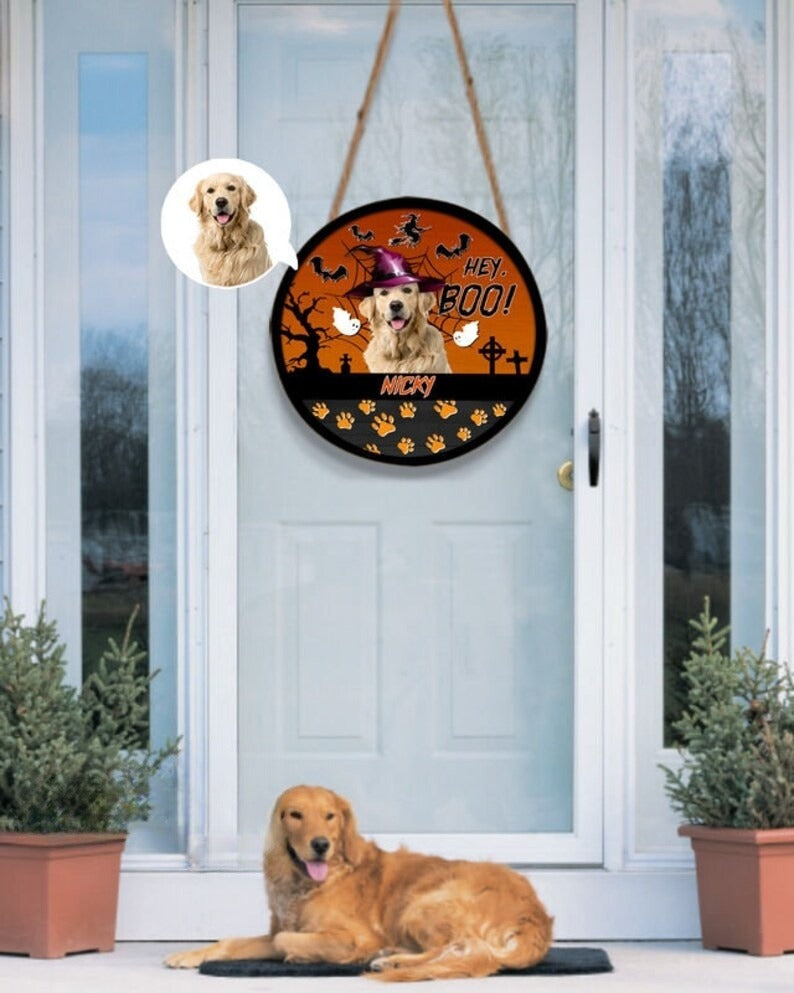 Personalized Halloween Pet Door Hanger, Custom Our BOO Crew Halloween Round Wooden Sign, Dog Cat Door Hanger, Pet Lovers' Gift