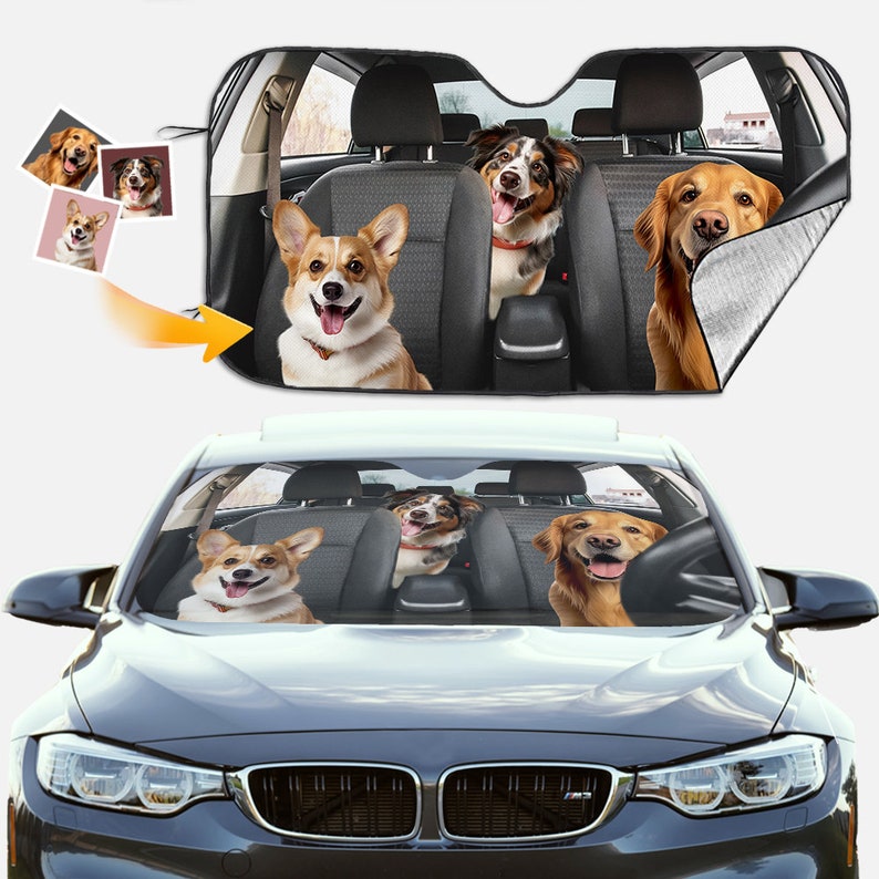 Custom Pet Photo Auto Windshield Sun Shade, Personalized Dog Picture Block UV Rays Sun Visor Protector Car Sunshade, Gifts for Dad boyfriend