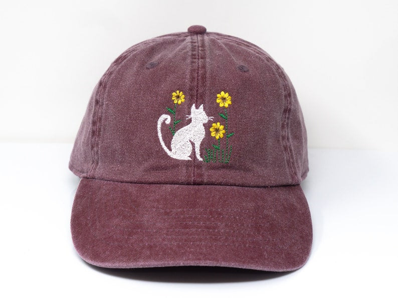 Cat and Flower Embroidered Kitten Baseball Cap, Washed Cotton Curve Brim Summer Hat il_794xN.6059580057_dvwj.jpg