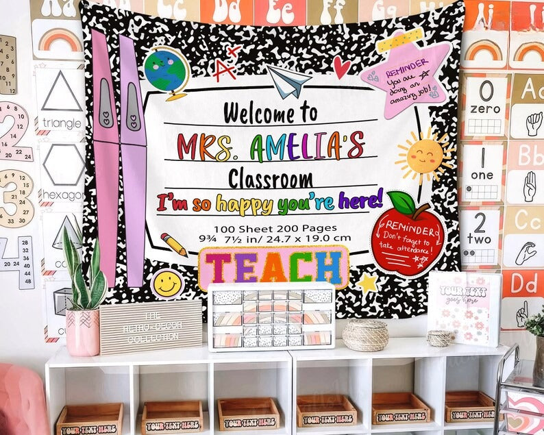 Classroom Decor, Custom Composition Notebook Welcome Teachers Name Classroom Banner, Custom Classroom Tapestry, Welcome To My Classroom