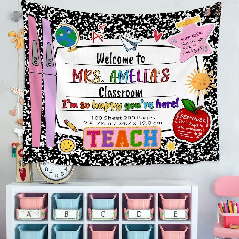 Classroom Decor, Custom Composition Notebook Welcome Teachers Name Classroom Banner, Custom Classroom Tapestry, Welcome To My Classroom