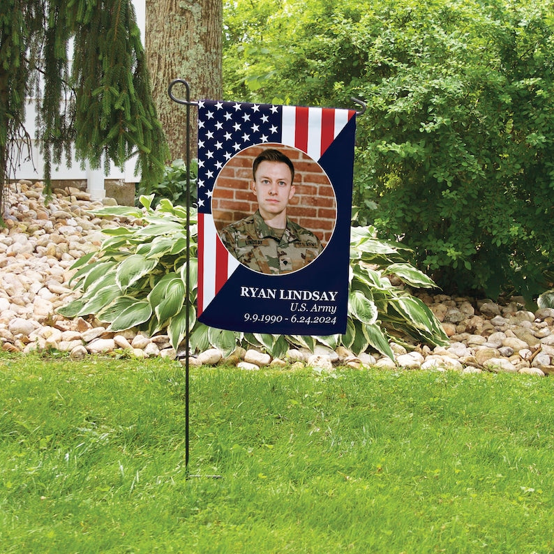 Veteran Memorial Garden Flag | US Army Veteran Yard Flag | Veteran Remembrance Flag with Photo | American Memorial Flag | Military Memorial