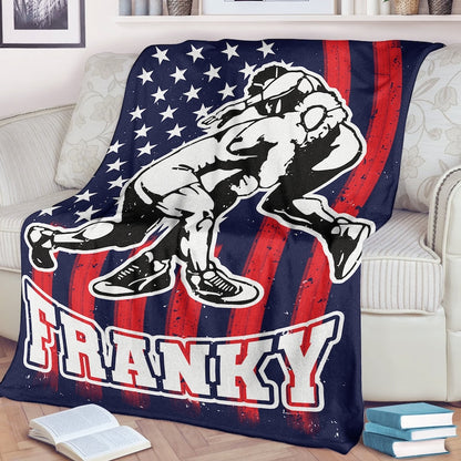 Personalized Wrestling Blanket - Custom Name Sport Gift for Wrestler, Dad, Husband, Son, Team - US Flag Background Design Wrestler Gift