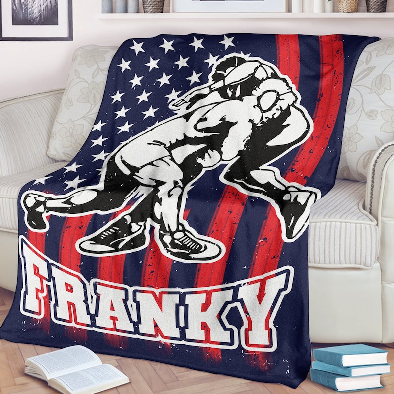 Personalized Wrestling Blanket - Custom Name Sport Gift for Wrestler, Dad, Husband, Son, Team - US Flag Background Design Wrestler Gift