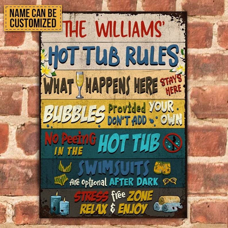 Hot Tub Rules What Happens Here Custom Classic Metal Signs, Funny Hot Tub Signs, Hot Tub Decorating Ideas